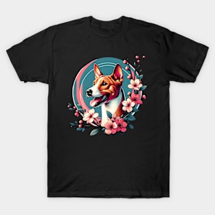 Joyful Basenji Amidst Spring Cherry Blossoms T-Shirt